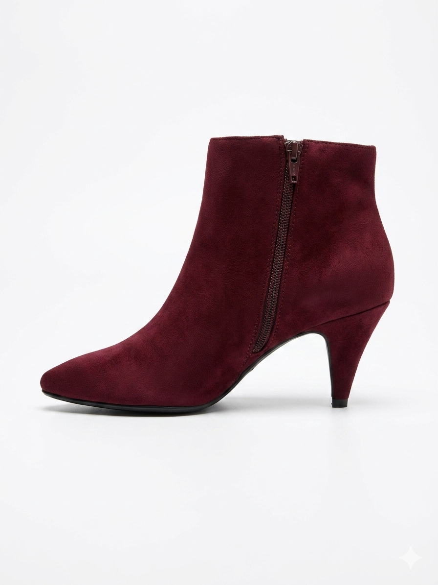 Maroon ankle boot with a zipper on a white background